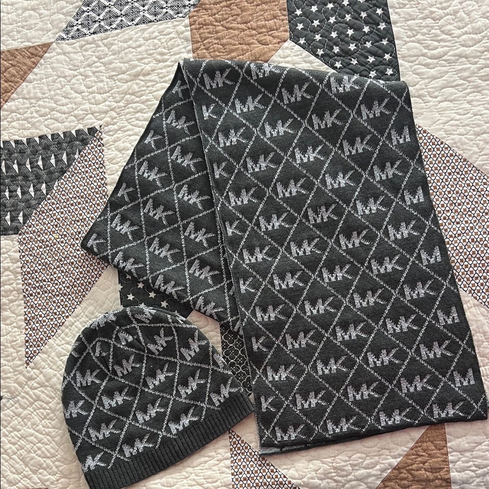 Michael Kors Black and Gray Logo Scarf and Beanie Set